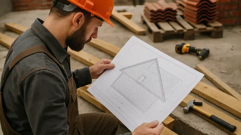 Artisan examinant un plan de toiture sur un chantier