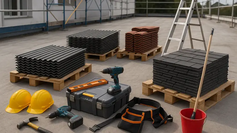 Organisation du chantier de toiture avec matériaux et outils