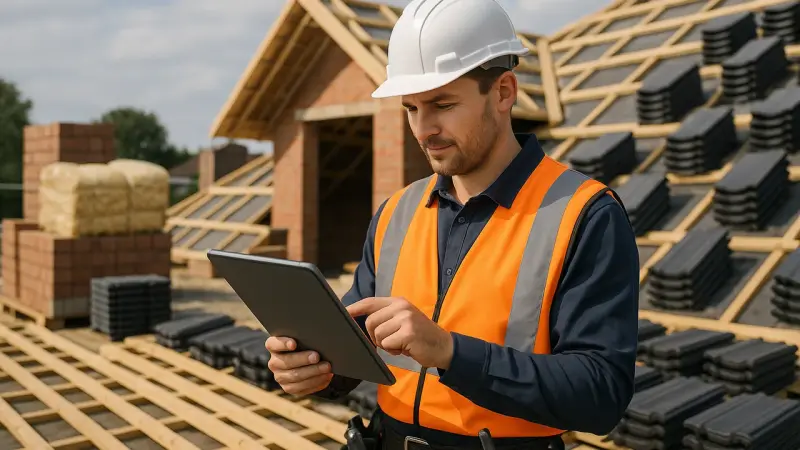 Couvreur avec tablette numérique sur un chantier