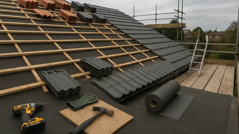 Chantier de rénovation de toiture avec matériaux et outils