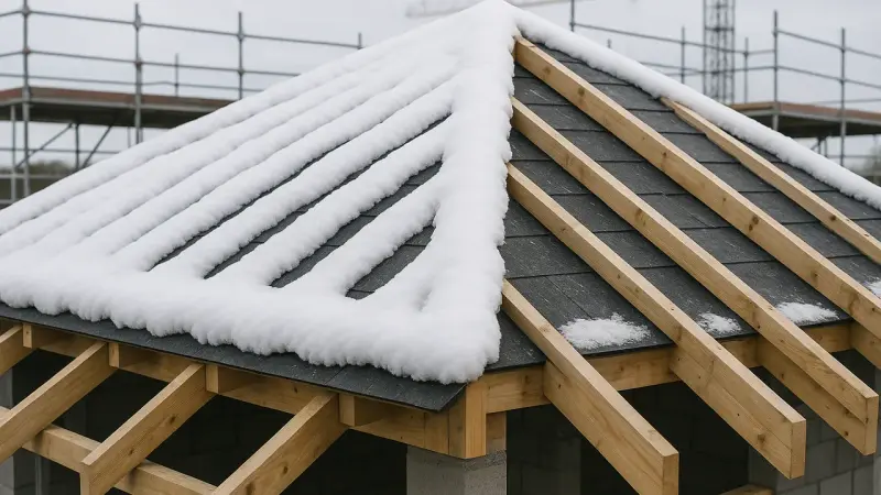 Toiture enneigée sur un chantier de construction