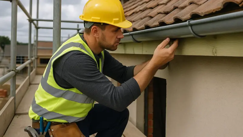 Artisan inspectant une gouttière sur un chantier