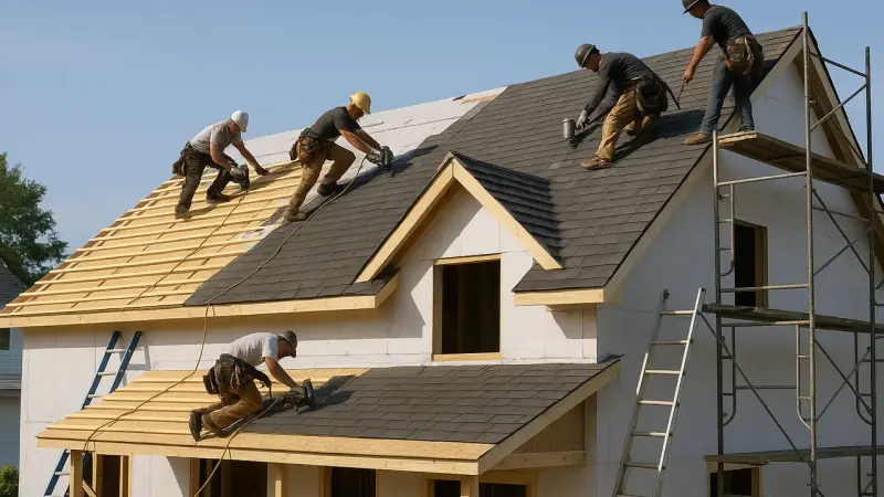 Artisans travaillant sur un toit de maison