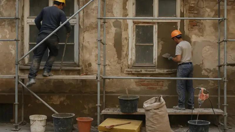 Rénovation de façade avec échafaudage et outils