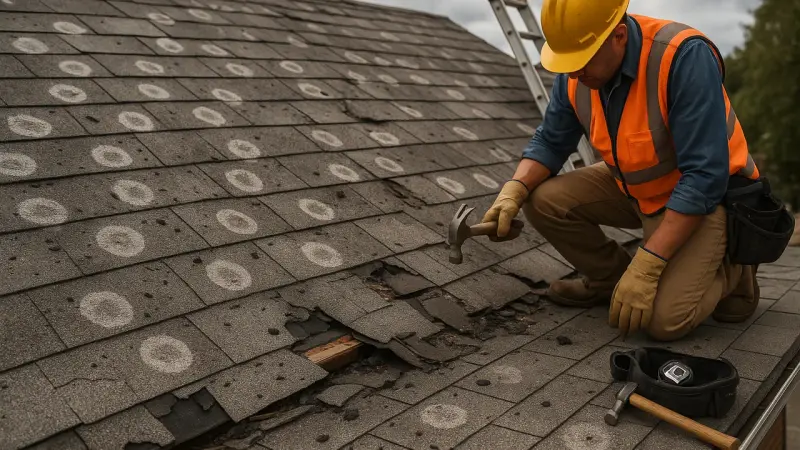 Toiture endommagée par grêle sur un chantier