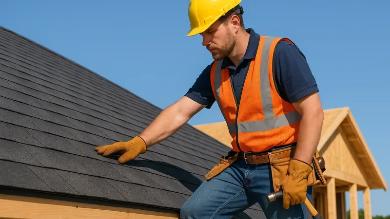 Couvreur inspectant une toiture sur un chantier