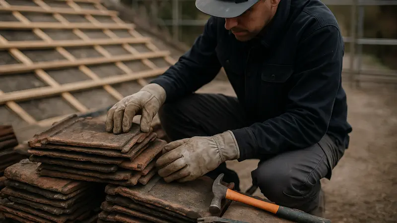 Roofer triant des tuiles anciennes sur un chantier