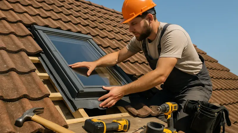Artisan remplaçant une fenêtre de toit Velux
