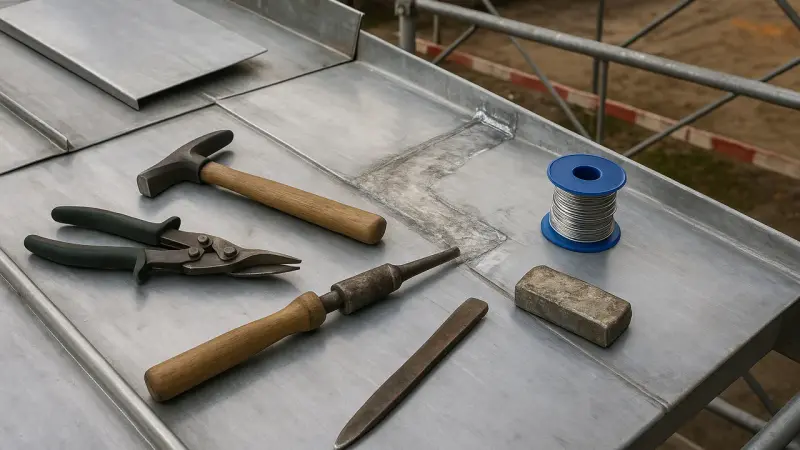 Roofer repairing zinc roofing on a construction site