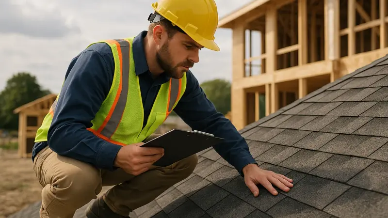 Couvreur inspectant une nouvelle toiture sur un chantier