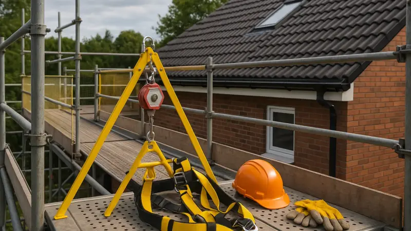 Chantier de toiture avec échafaudage et équipements de sécurité