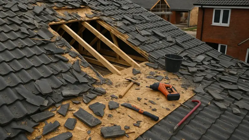 Toiture endommagée par le vent sur un chantier