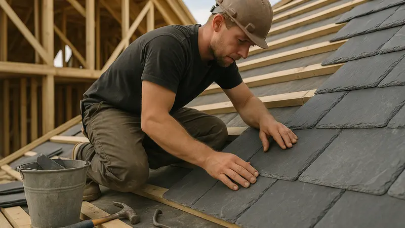 Réalisation d'une toiture en ardoise naturelle sur chantier