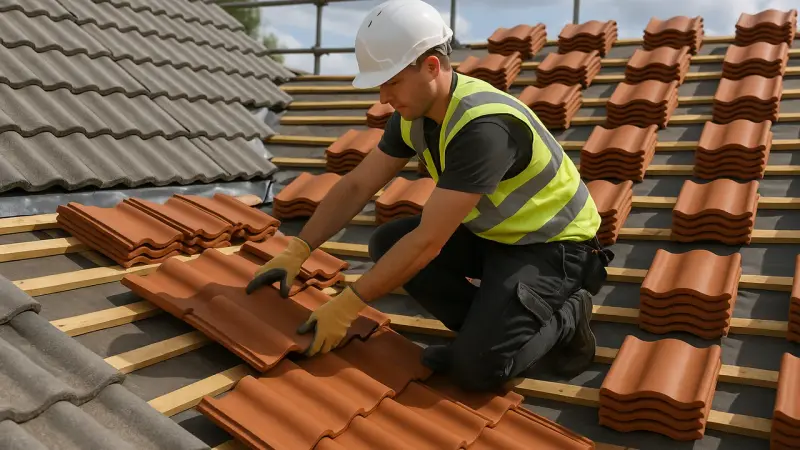 Toiture avec tuiles en terre cuite et béton