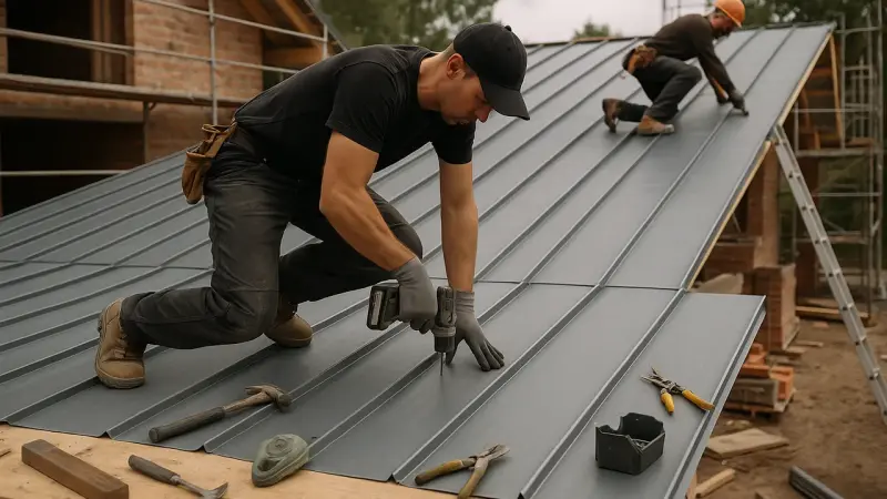 Artisans installant une toiture en zinc à joint debout