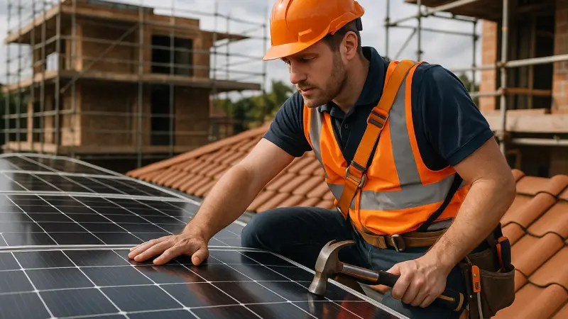 Artisan évaluant des panneaux solaires sur un toit