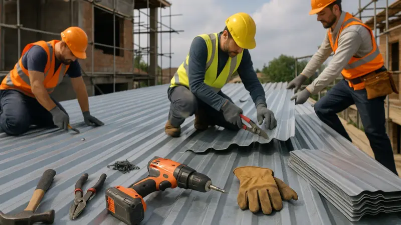 Artisans travaillant sur toiture en zinc avec outils