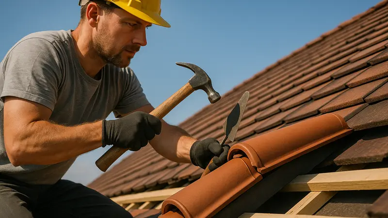 Artisan installant des tuiles de rive sur une toiture
