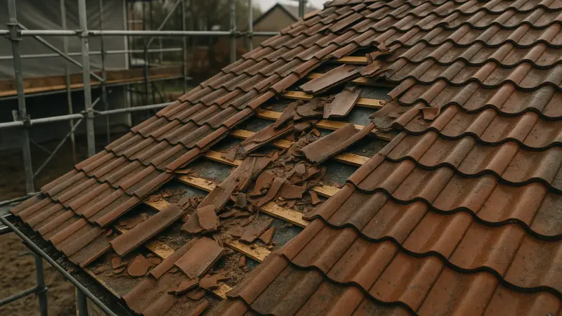 Toiture endommagée avec tuiles arrachées après une tempête