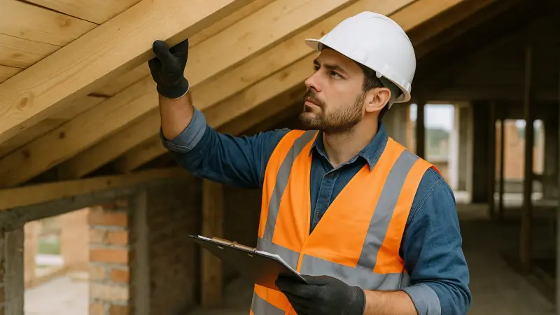 Artisan inspectant des voliges sur un chantier de toiture