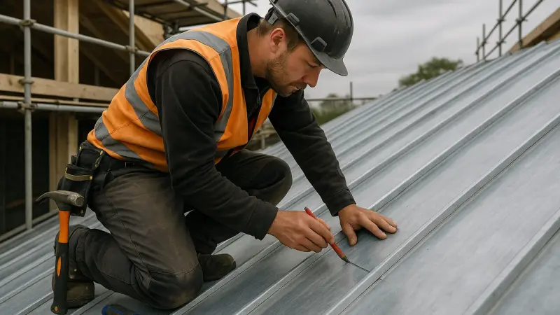 Couvreur inspectant une toiture en zinc